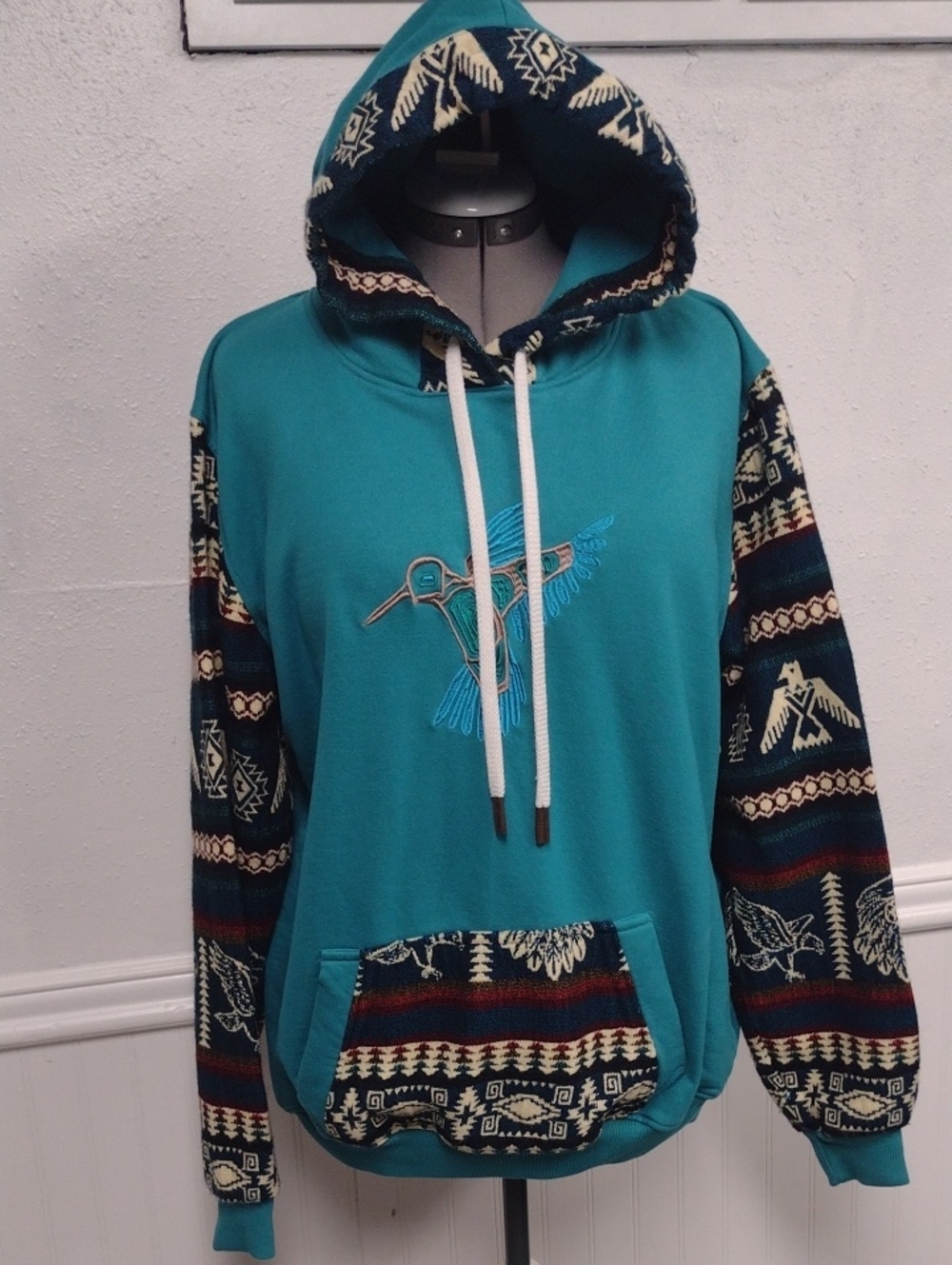 Teal Hooded Pullover with Patterned Sleeves and Embroidered Bird,Azteca, Western